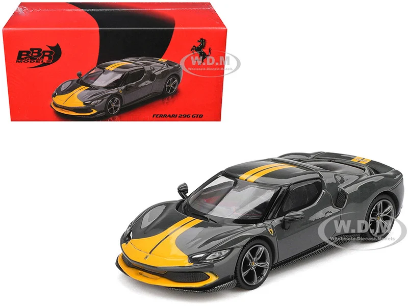 Ferrari 296 GTB Assetto Fiorano Grigio Scuro (Dark Gray) with Yellow Stripes 1/64 Diecast Model Car by BBR - Ferrari Models