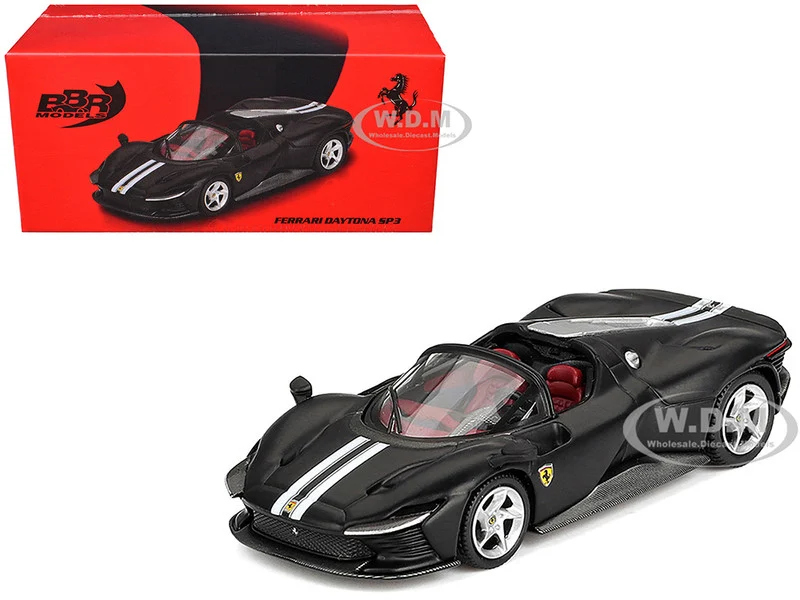 Ferrari Daytona SP3 Matt Black with White Stripes and Red Interior 1/64 Diecast Model Car by BBR - Ferrari Models