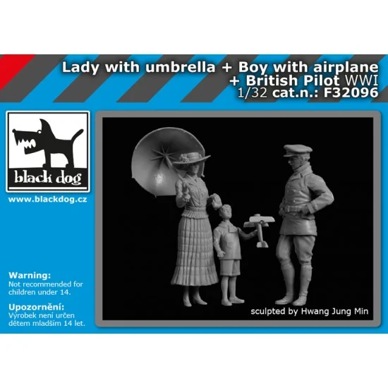 Black Dog F32096 1/32 WWI Lady w/Umbrella, Boy w/Airplane & British Pilot - Model Figures
