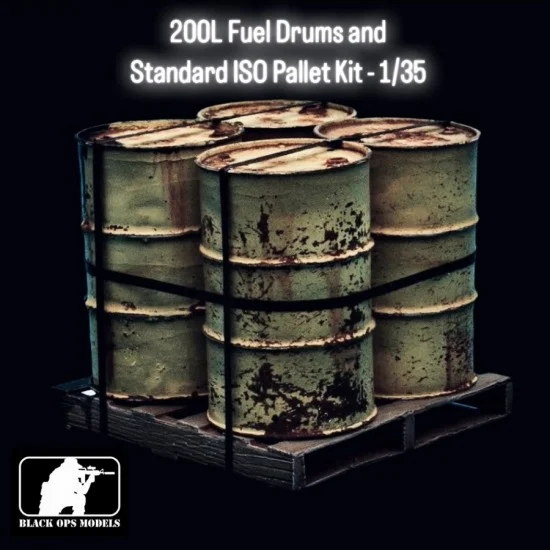 Black Ops 3013 1/35 200L Fuel Drums (4pcs) and Standard ISO Pallet Kit - Scenics & Diorama
