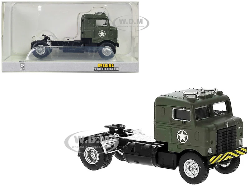 1950 Kenworth Bullnose Truck Tractor Olive Drab "United States Air Force" 1/87 (HO) Scale Model Car by Brekina - Kenworth Models