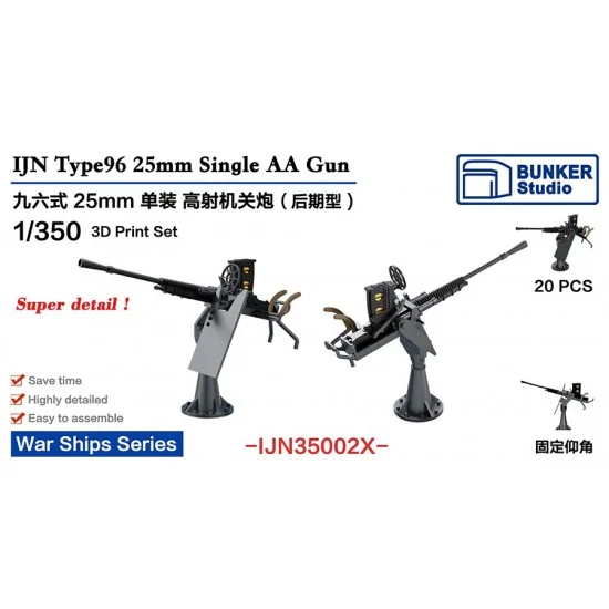 BUNKER Studio IJN35002X 1/350 IJN Type96 25mm Single AA Gun (Late Type) with Shield (20pcs) - Model Ships & Boats