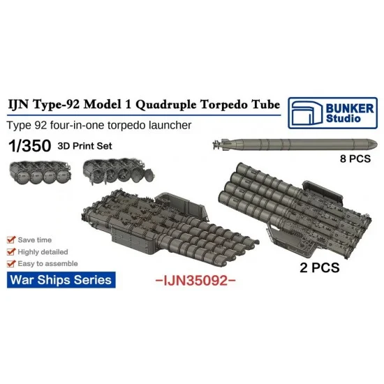BUNKER Studio IJN35092 1/350 IJN Type92 Model 1 Quadruple Torpedo Tube (2+8pcs) - Model Ships & Boats