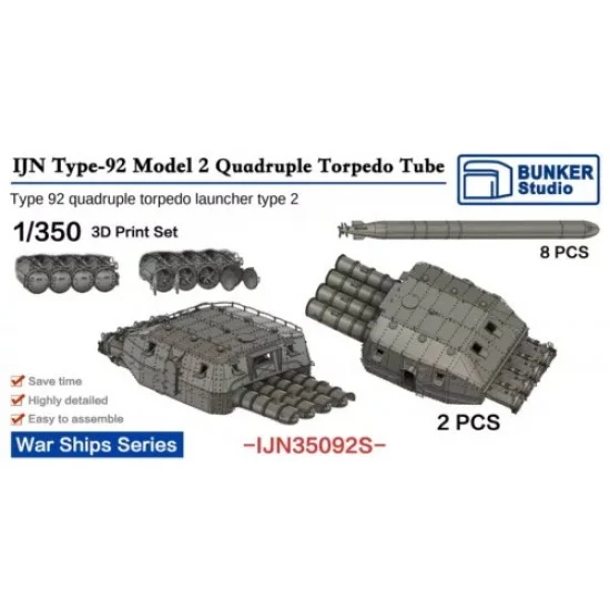 BUNKER Studio IJN35092S 1/350 IJN Type92 Model 2 Quadruple Torpedo Tube (2+8pcs) - Model Ships & Boats