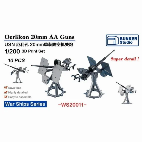 BUNKER Studio WS20011 1/200 USN Oerlikon 20mm AA Guns (Tripod, 10pcs) - Model Ships & Boats