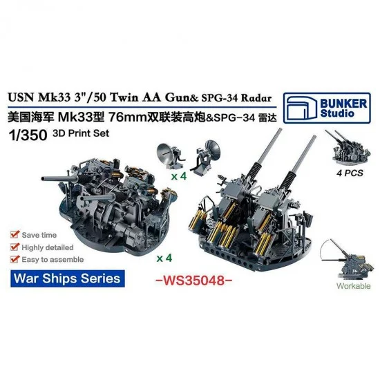 BUNKER Studio WS35048 1/350 USN 3''/50 Mk33 Twin AA Guns and SPG-34 Radar