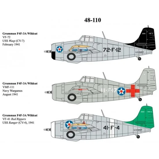 Cam Decals 48-110 Decals for 1/48 F4F-3A VF-72 VMF-111, VF-41 Wildcats 1941