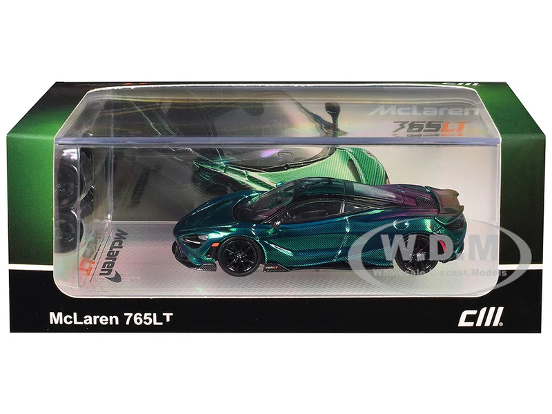 McLaren 765LT Green Carbon Metallic with Black Top and Extra Wheels 1/64 Diecast Model Car by CM Model - McLaren Models
