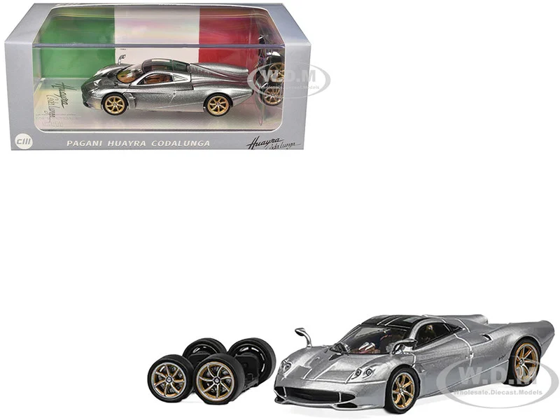 Pagani Huayra Codalunga Silver Metallic with Sunroof and Extra Wheels 1/64 Diecast Model Car by CM Model - Pagani Models