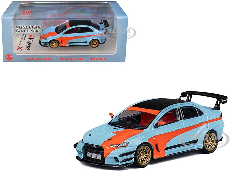 Mitsubishi Lancer Evolution X Varis RHD (Right Hand Drive) Light Blue with Black Top and Orange Stripes 1/64 Diecast Model Car by CM Model - Mitsubishi Models
