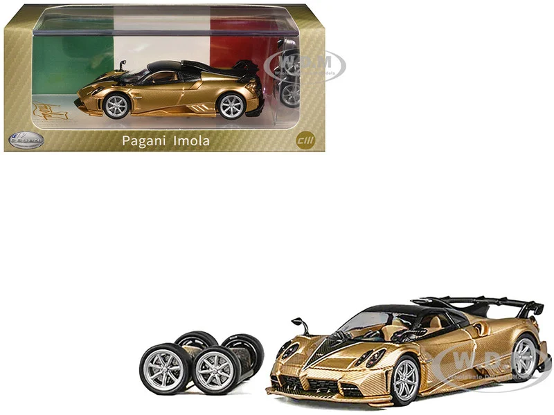 Pagani Imola Gold Carbon Metallic with Black Carbon Top with Extra Wheels 1/64 Diecast Model Car by CM Model - Pagani Models