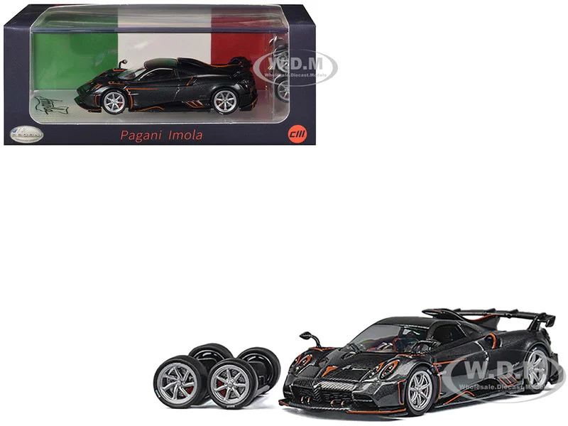 Pagani Imola Dark Gray Metallic with Carbon and Orange Accents with Extra Wheels 1/64 Diecast Model Car by CM Model - Pagani Models