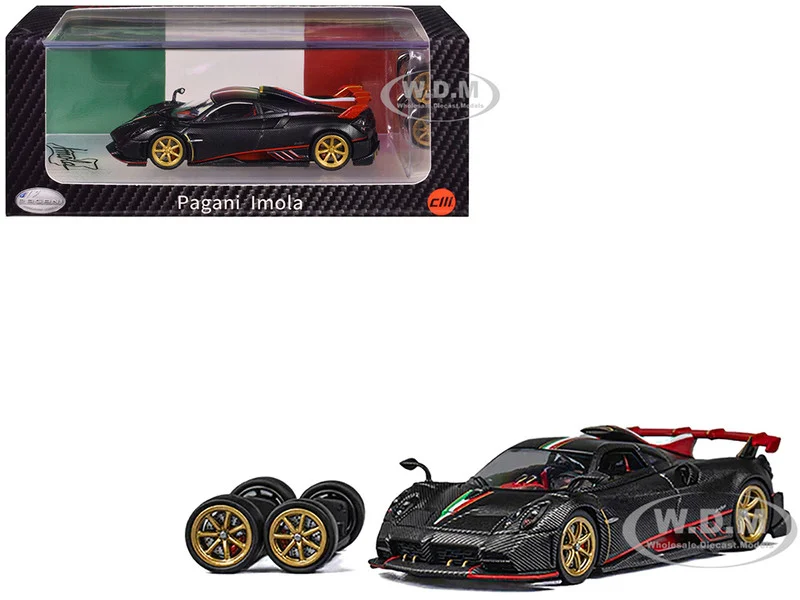 Pagani Imola Black Carbon with Italian Flag Stripes with Extra Wheels 1/64 Diecast Model Car by CM Model - Pagani Models