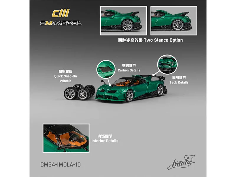 Pagani Imola Emerald Green Metallic with Carbon Top and Extra Wheels 1/64 Diecast Model Car by CM Model - Pagani Models