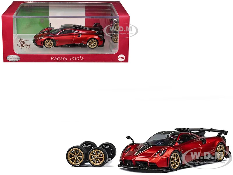 Pagani Imola Red Metallic with Carbon Top and Stripes with Extra Wheels 1/64 Diecast Model Car by CM Model - Pagani Models