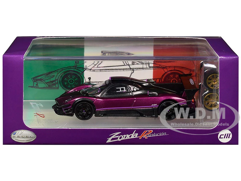 Pagani Zonda Revolucion Purple Metallic and Carbon with Extra Wheels 1/64 Diecast Model Car by CM Model - Pagani Models