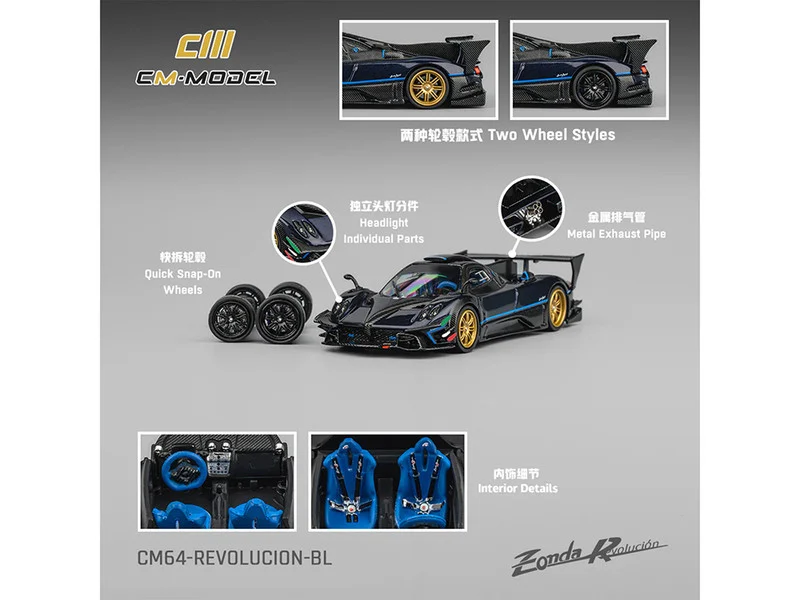Pagani Zonda Revolucion Dark Blue Metallic and Carbon with Extra Wheels 1/64 Diecast Model Car by CM Model - Pagani Models