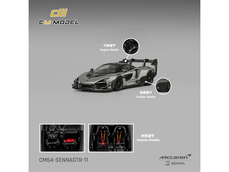 McLaren Senna GTR Silver Gray Metallic with Carbon Hood and Black Top 1/64 Diecast Model Car by CM Model - McLaren Models