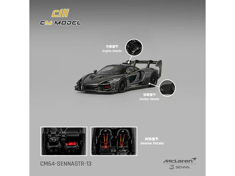 McLaren Senna GTR Dark Gray Metallic with Carbon Hood and Black Top 1/64 Diecast Model Car by CM Model - McLaren Models