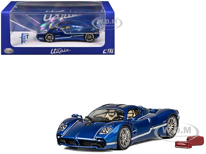 Pagani Utopia Blue Metallic with White Stripes 1/64 Diecast Model Car by CM Model - Pagani Models