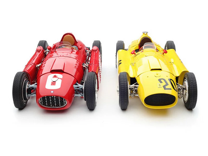 Bundle of 2 Cars 1956 Ferrari D50 #20 Andre Pilette 6th Place Grand Prix of Belgium (Yellow) and 1955 Ferrari Lancia D50 #6 Alberto Ascari Winner Grand Prix Turin, Italy (Red) Limited Edition to 1,000 pieces Worldwide 1/18 Diecast Model Cars by CMC - Ferra