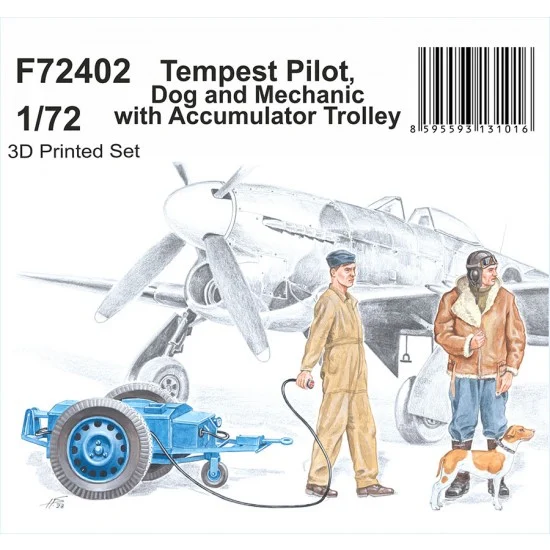 CMK F72402 1/72 Tempest Pilot, Dog and Mechanic with Accumulator Trolley - Model Figures