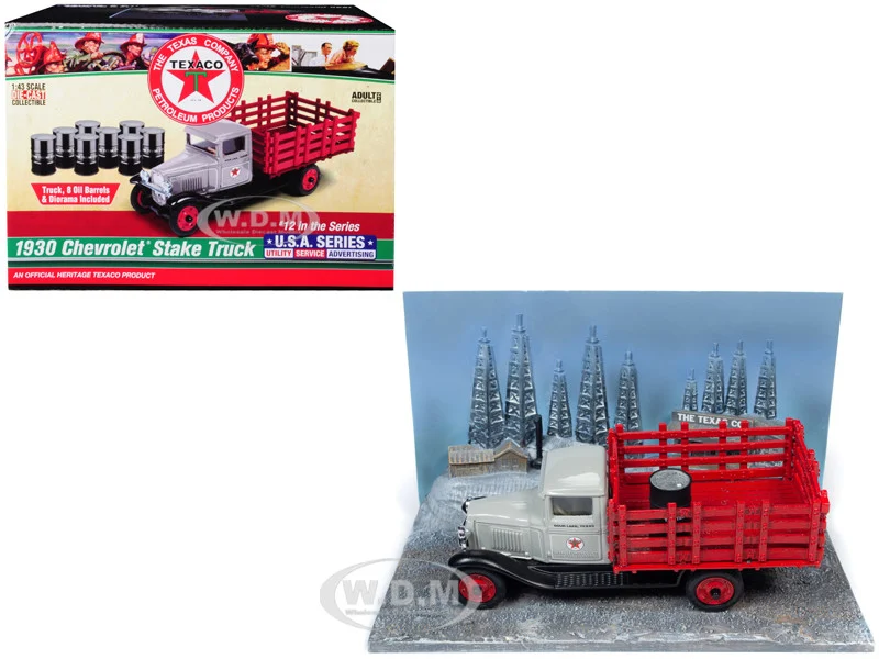 1930 Chevrolet Stake Truck with Eight Oil Barrels and Oil Derricks Diorama "Texaco" 12th in the "U.S.A. Series" 1/43 Diecast Model by Auto World - Chevrolet Models