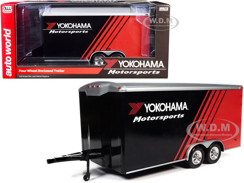 Four Wheel Enclosed Car Trailer "Yokohama Motorsports" Black and Red for 1/18 Scale Model Cars by Auto World - Accessories