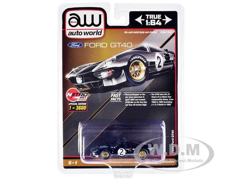 1966 Ford GT40 RHD (Right Hand Drive) #2 Black with Silver Stripes Limited Edition to 3600 pieces Worldwide 1/64 Diecast Model Car by Auto World - Ford Models