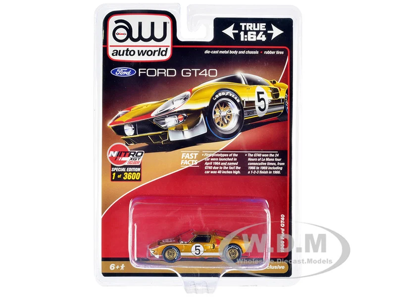 1966 Ford GT40 RHD (Right Hand Drive) #5 Gold with Graphics Limited Edition to 3600 pieces Worldwide 1/64 Diecast Model Car by Auto World - Ford Models