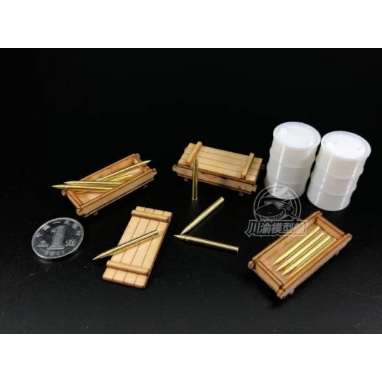 Chuan Yu T011 1/35 Tank 75mm Metal Ammunition (12pcs) Set w/Ammo Boxes and Fuel Drums - Military Vehicles & Tanks