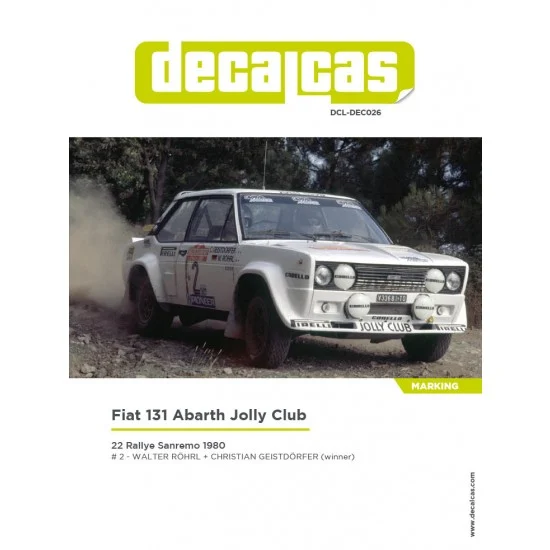 Decalcas DEC026 1/24 Fiat 131 Abarth sponsored by Jolly Club 1980 Decal for Italeri/Revell - Model Cars
