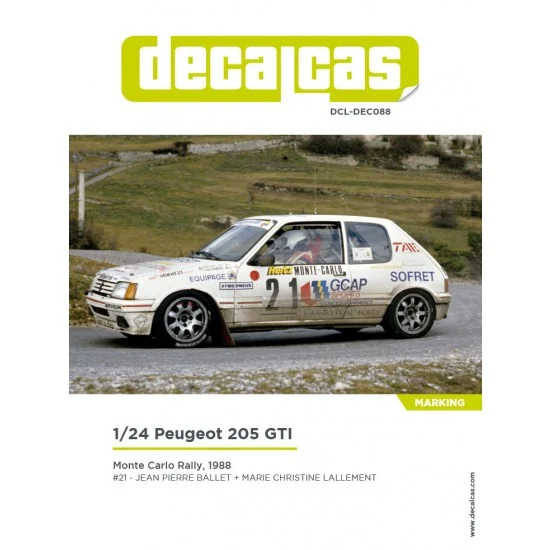 Decalcas DEC088 1/24 Peugeot 205 GTI Group A GCAP Sports Monte Carlo Rally 1988 Marking Decal - Model Cars