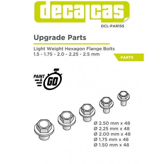 Decalcas PAR155 Fasteners - Light Weight Hexagonal Flange Bolt 1.5 - 2.5 mm (240pcs, 3d print)