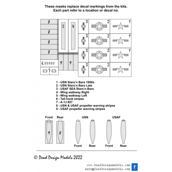 DEAD Design NM72059 1/72 Douglas A-1H/J Skyraider National Insignias Masking for Hasegawa kits