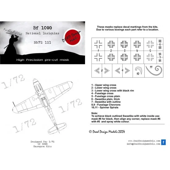 DEAD Design NM72121 1/72 Messerschmitt Bf 109 G-6 National Insignias Masking for Hasegawa kits