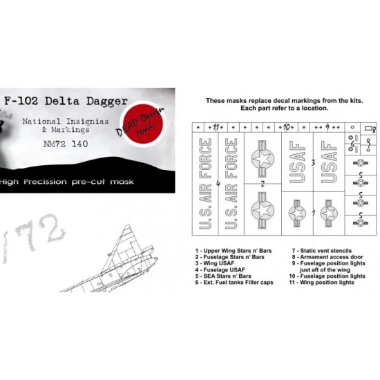 DEAD Design NM72140 1/72 Convair F-102 Delta Dagger National Insignias Masking for Hasegawa/Meng kits