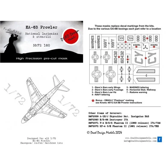DEAD Design NM72160 1/72 Grumman EA-6B Prowler National Insignias Masking for Hasegawa kits
