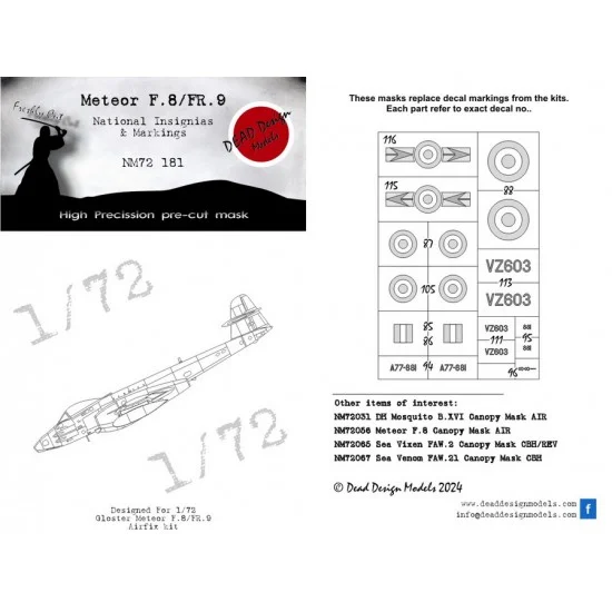 DEAD Design NM72181 1/72 Gloster Meteor FR.8/9 National Insignias Masking for Airfix kits - Model Planes