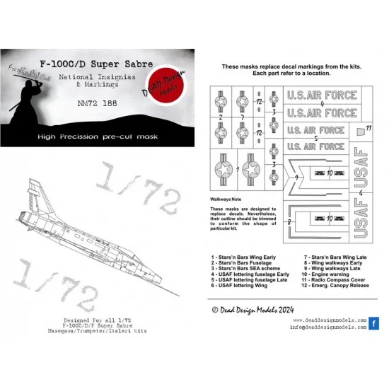 DEAD Design NM72188 1/72 F-100 Super Sabre National Insignias Masking for Trumpeter/Italeri kits