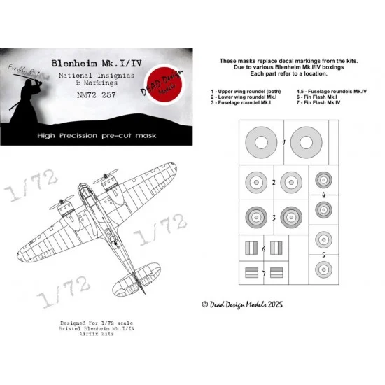 DEAD Design NM72257 1/72 Bristol Blenheim Mk.I/IV National Insignias Masks for Airfix kits - Model Planes