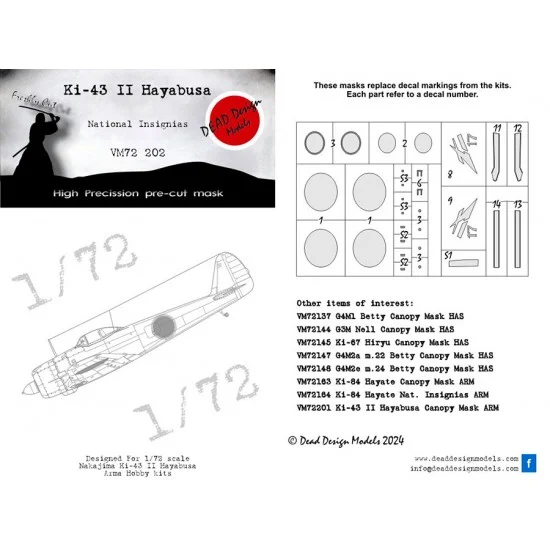DEAD Design VM72202 1/72 Nakajima Ki-43 II Hayabusa National Insignias Masking for Arma Hobby kits