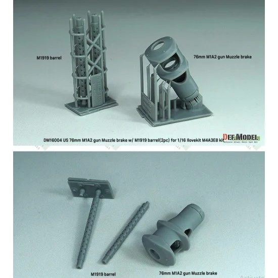 DEF DM16004 1/16 US 76mm M1A2 Gun Muzzle Brake with M1919 Barrel (2pcs) for I Love Kit M4A3E8 - Military Vehicles & Tanks