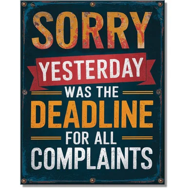 Sorry, Yesterday Was The Deadline for Complaints Metal Sign Desperate Enterprises (2967)