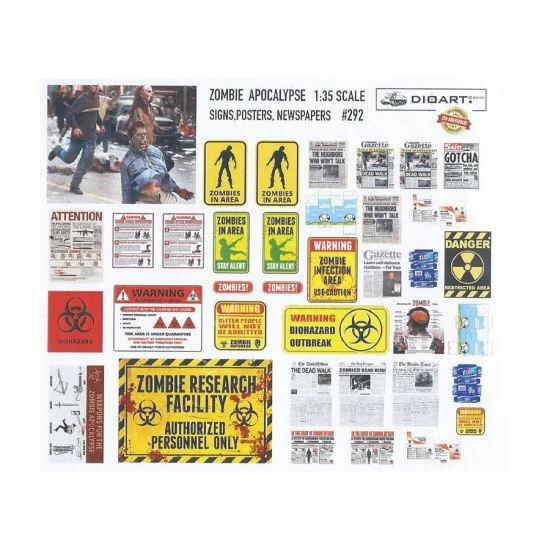 DioArt 292 1/35 Future Zombie Apocalypse Signs, Poster, Newspapers (full colour, 2 sheets) - Scenics & Diorama