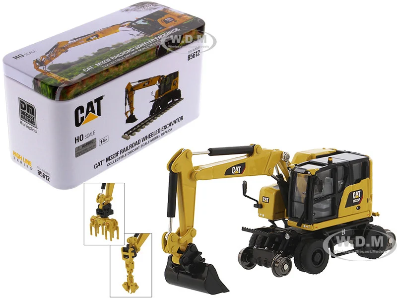 CAT Caterpillar M323F Railroad Wheeled Excavator with 3 Accessories (Safety Yellow Version) "High Line" Series 1/87 (HO) Diecast Model by Diecast Masters - Construction Models