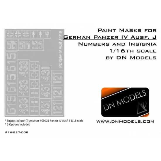 DN Models 16-827-008 1/16 PzKpfw IV Ausf J Insignia & Numbers Paint Masks for Trumpeter #00921