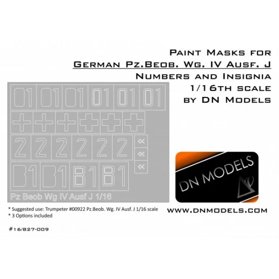 DN Models 16-827-009 1/16 PzBeob WG IV Ausf J Insignia & Numbers Paint Masks for Trumpeter #00922
