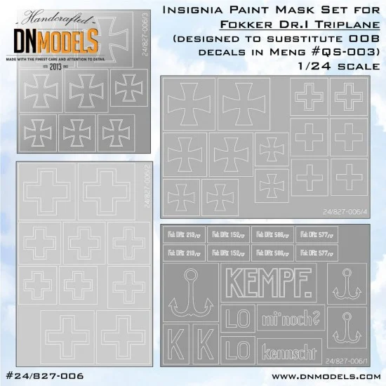 DN Models 24-827-006 1/24 Fokker DR.I Triplane Insignia Paint Masking for Meng kits