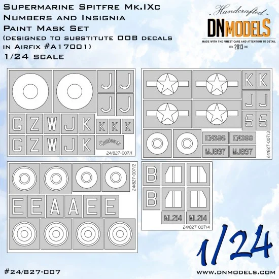 DN Models 24-827-007 1/24 Supermarine Spitfire Mk.IXc Numbers & Insignia Paint Masking for Airfix #17001